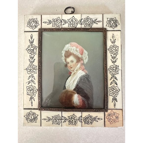 after George Romney Other - Antique 1800s hand painted Mary Robinson portrait porcelain in ivory frame